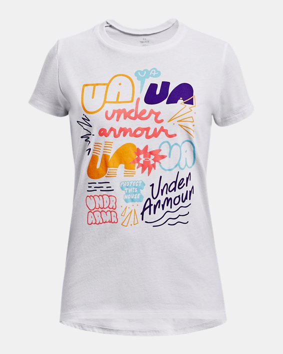 Girls' UA Scattered Wordmark Short Sleeve, White, pdpMainDesktop image number 0